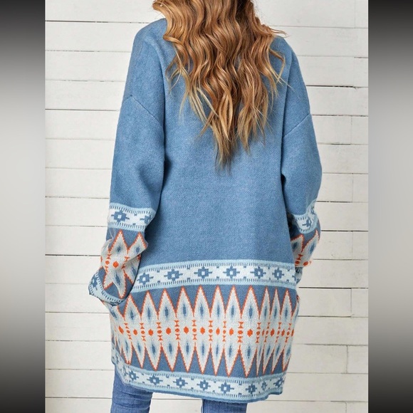Boho Geo Print Open Front Long Turtleneck Knitted Cardigan Blue - Picture 9 of 11